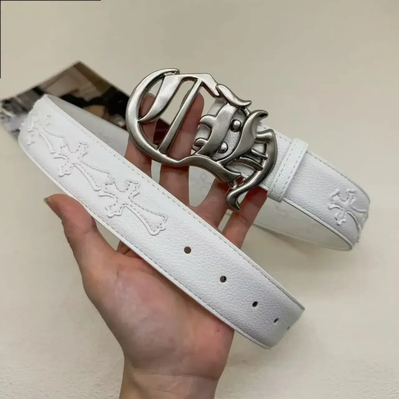 Chrome Hearts-Style White Embossed Cross Belt