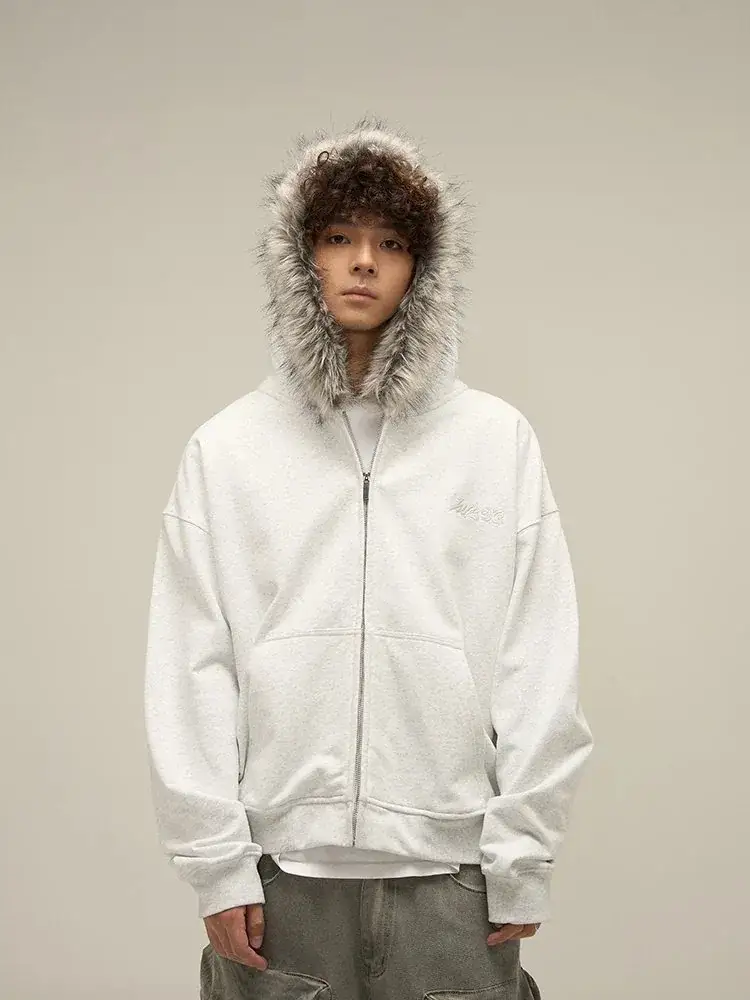Futur, fur-trimmed hooded cardigan sweatshirt