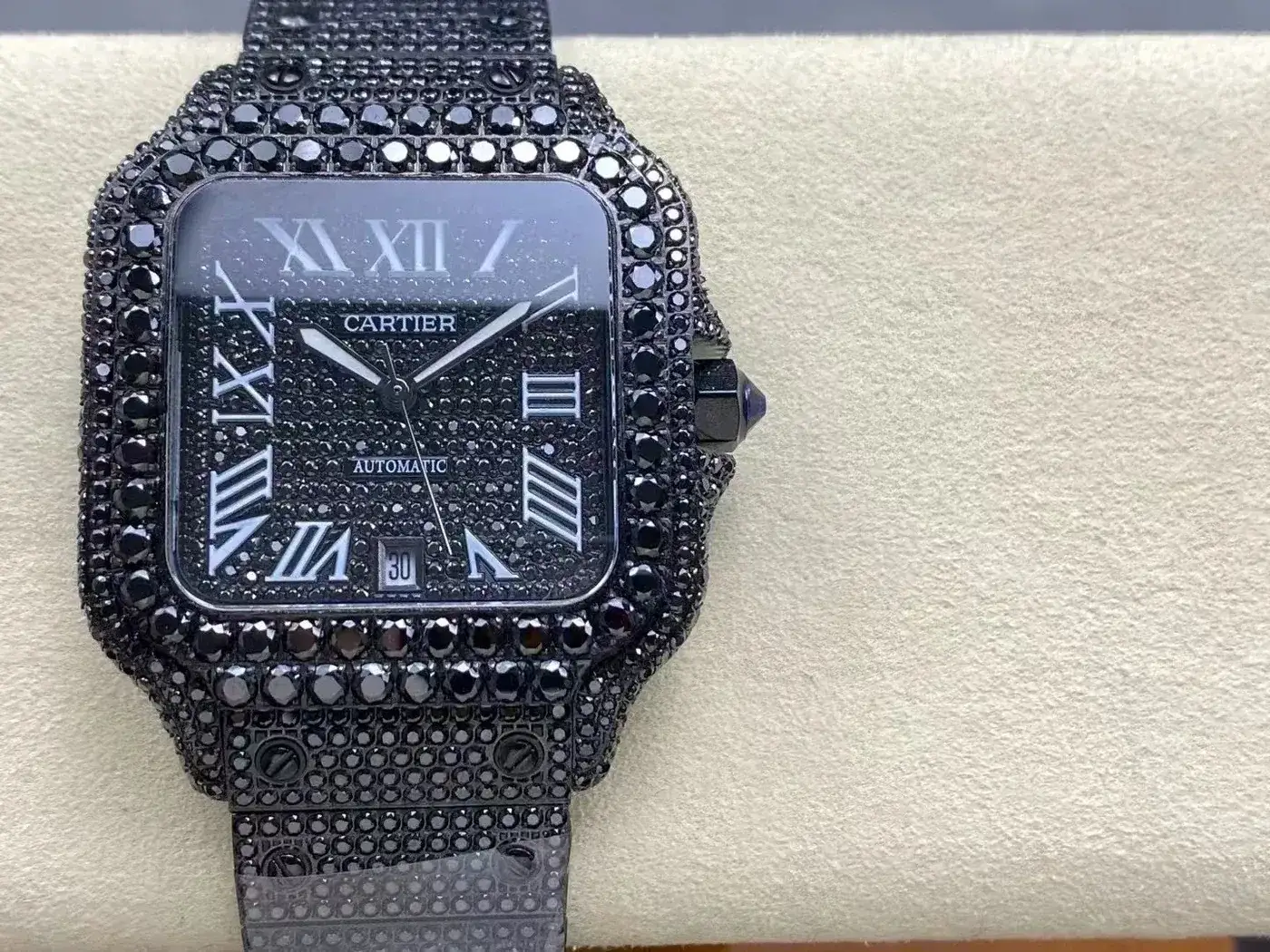 Cartier Santos timepiece customized with an all-black diamond-set modification