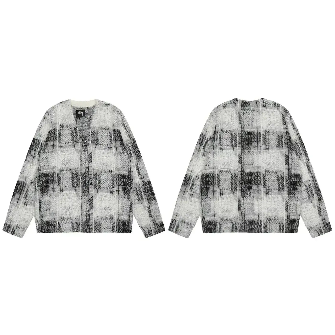 Stussy-Style Black and White Plaid Knit Cardigan