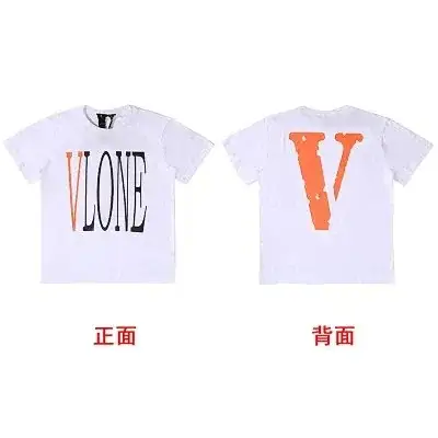 VLONE white short sleeve T-Shirt with orange-black letter and big V print