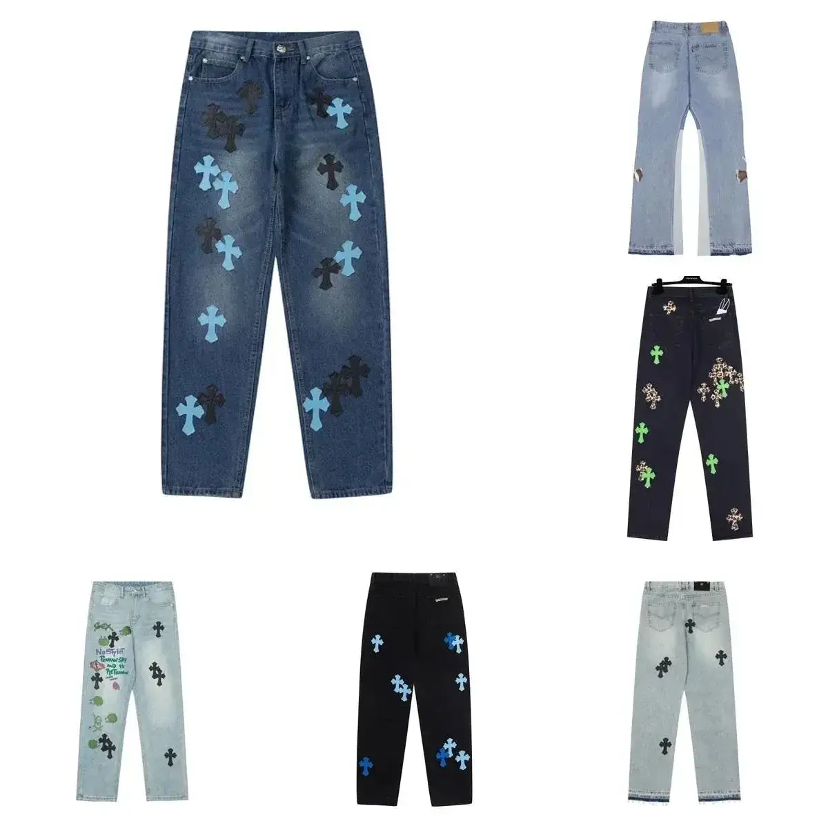Multi-style Chrome Hearts cross leather patch jeans