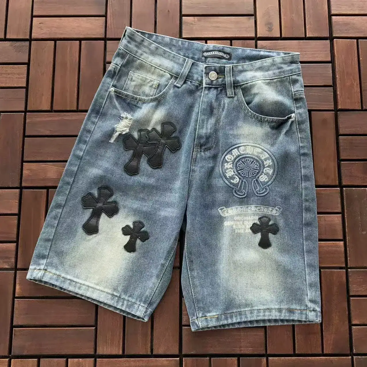 Chrome Hearts Washed Cross Leather Patch Denim Shorts