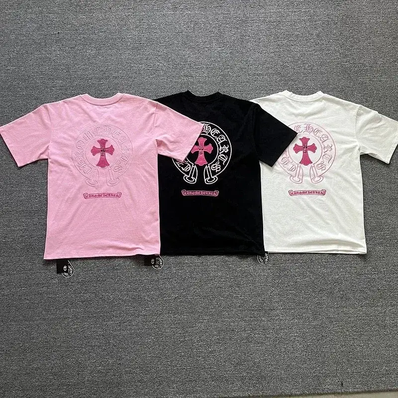 Three-color Chrome Hearts pink cross print T-Shirt