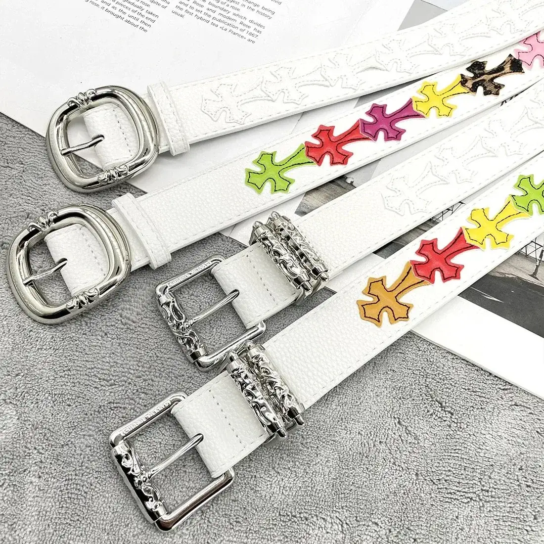 Chrome Hearts Color Cross White Leather Belt