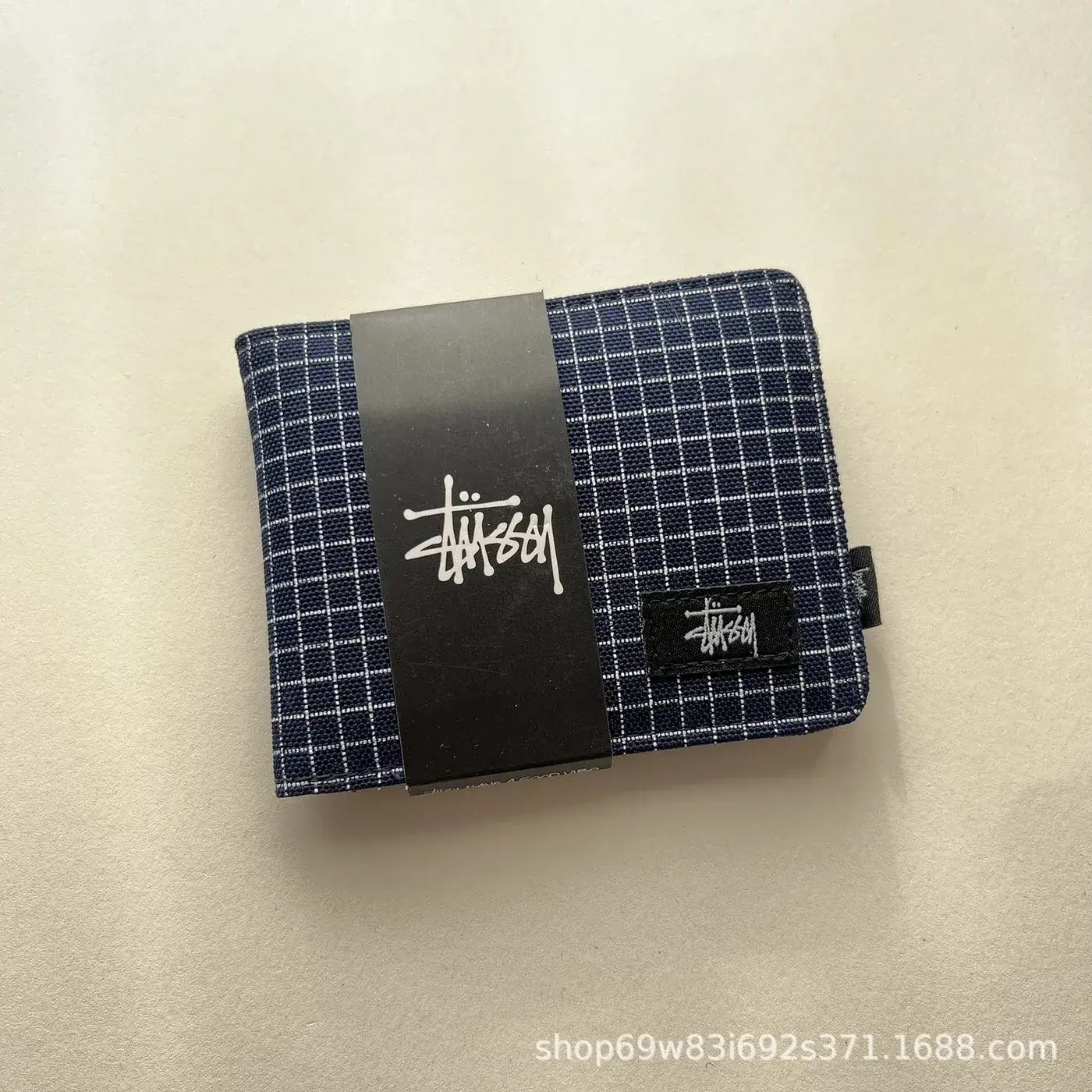 Stussy Navy Plaid Canvas Bifold Wallet