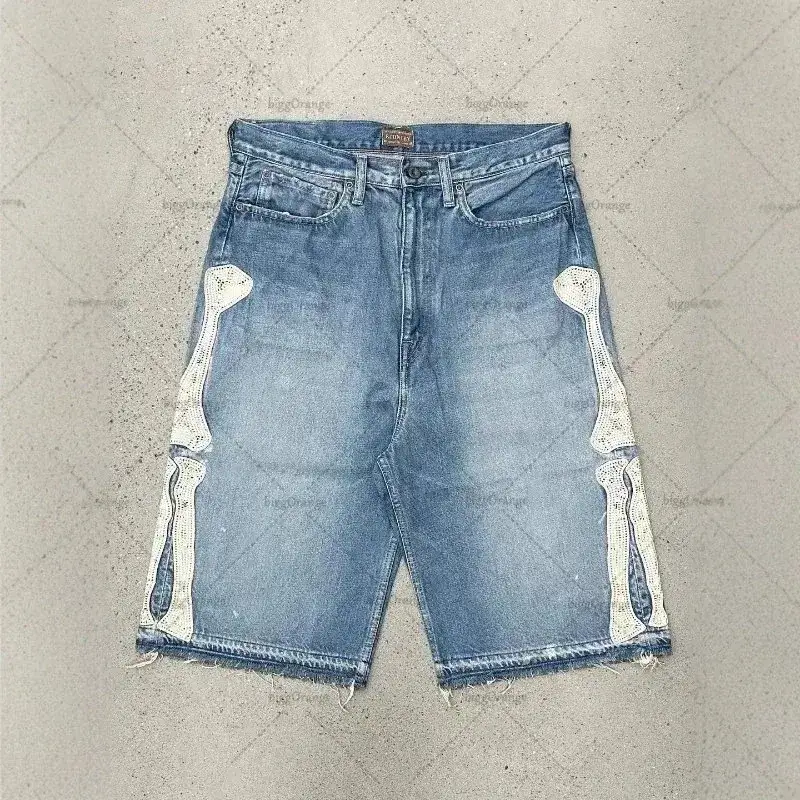 Gallery Dept.-Style Distressed Bone-Patch Denim Shorts