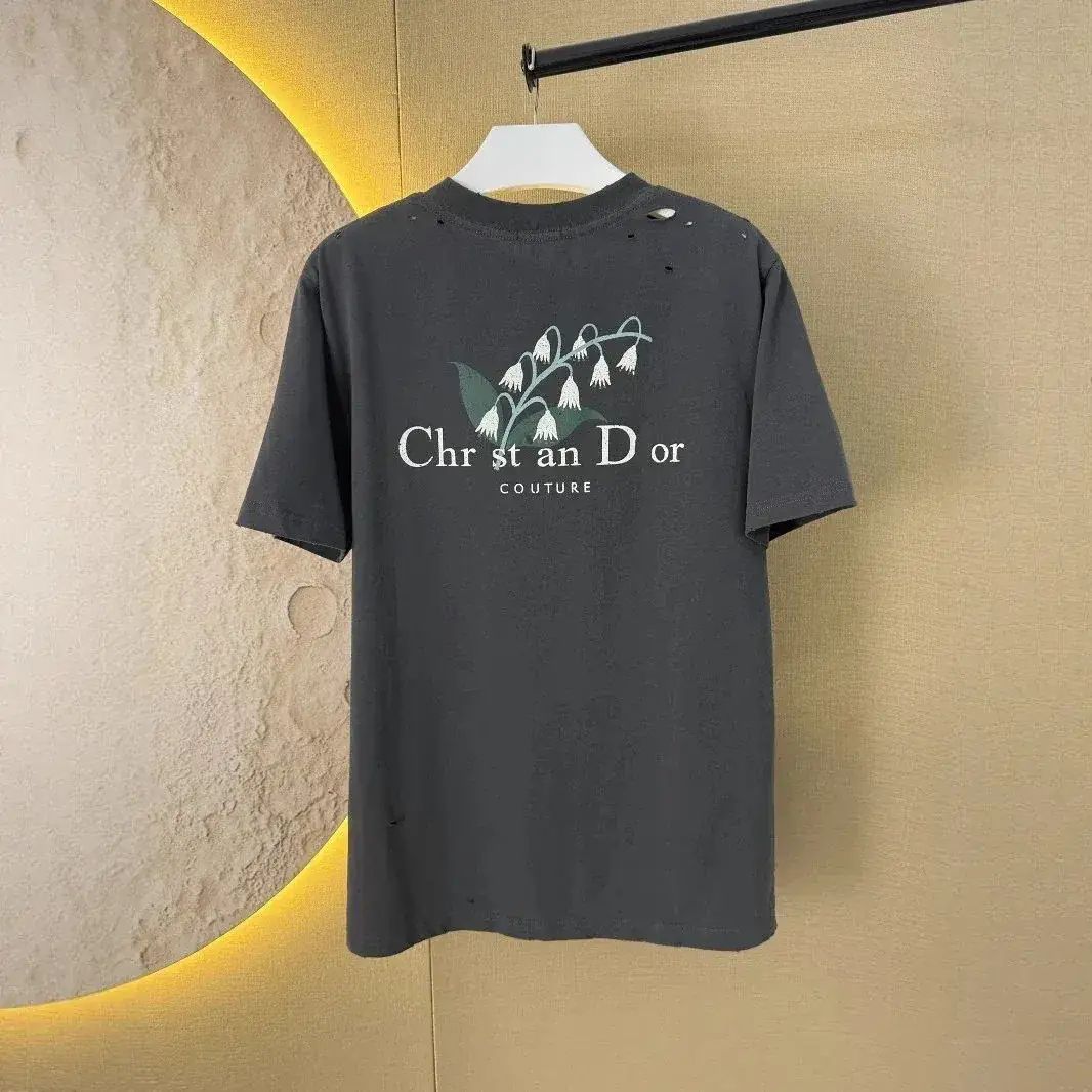 Christian Dior-Style Distressed T-Shirt with Lily of the Valley Print