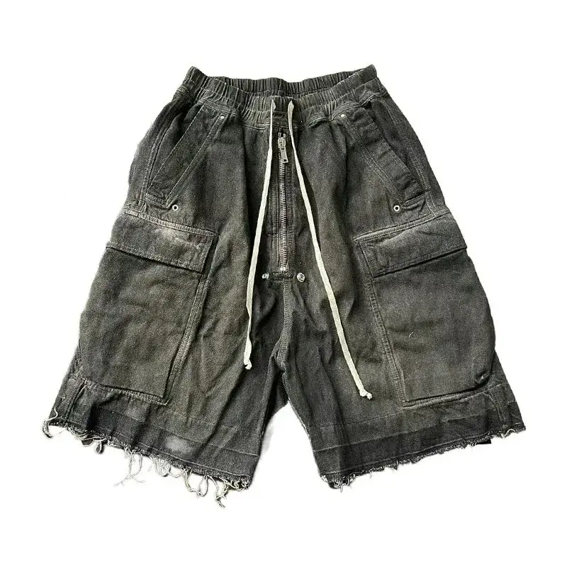 Rick Owens-Style Distressed Cargo Denim Shorts
