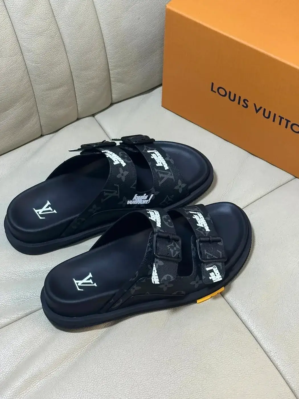LV double buckle monogram slide sandals
