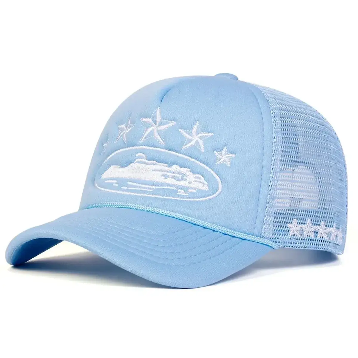 Corteiz light blue 5 starz Alcatraz embroidered mesh trucker hat