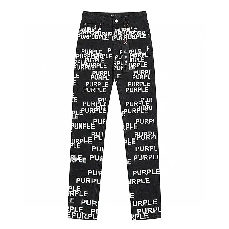 Purple Brand-Style Black Denim Jeans with Allover Slogan Print