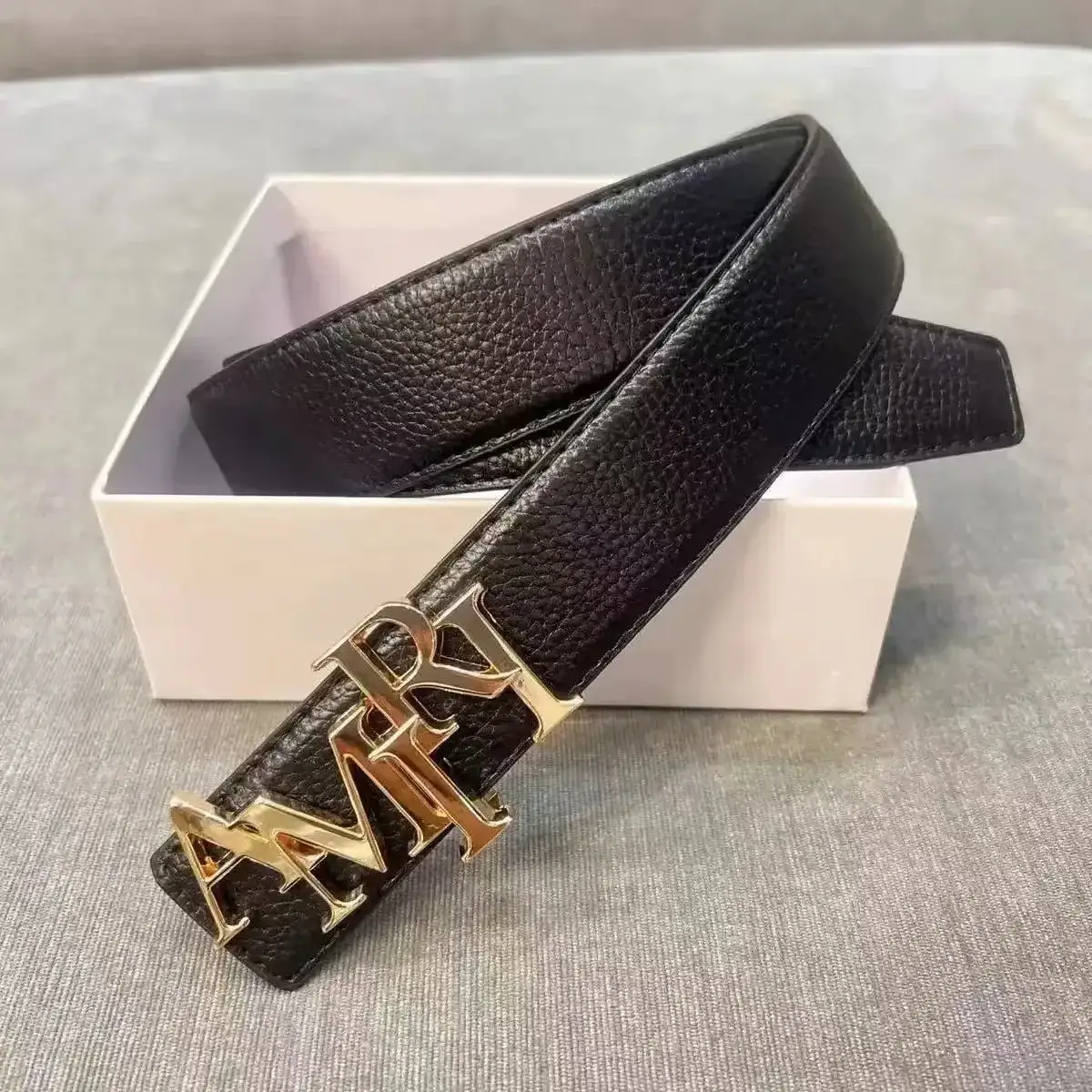 AMRI Black Leather Belt Gold Buckle