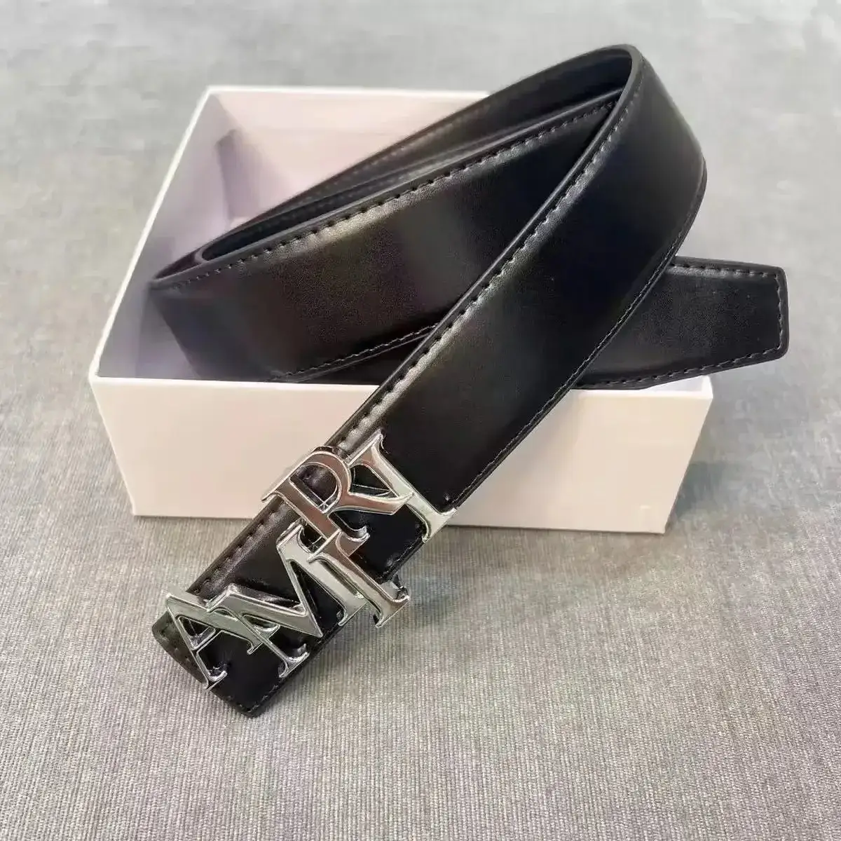 AMRI Black Smooth Leather Belt Silver Buckle