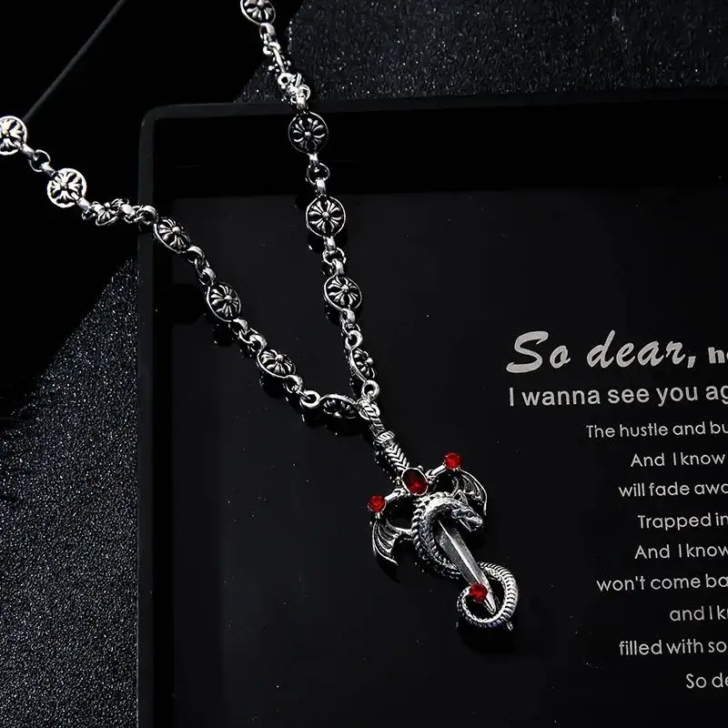 Chrome Hearts Cross Ball Red Stone Dragon Dagger Necklace Silver
