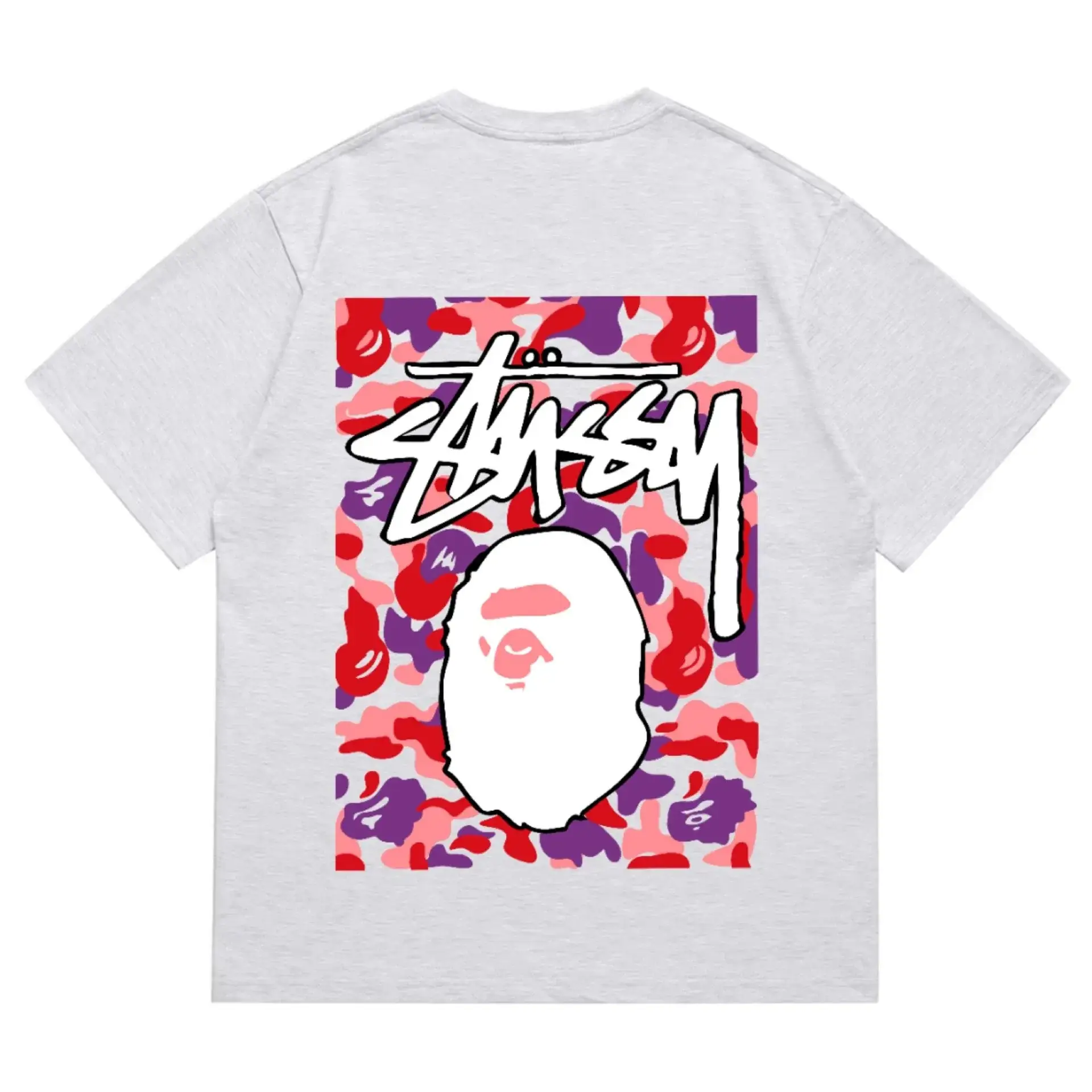 Stüssy x A Bathing Ape Camo Ape Head T-Shirt Heather Grey Pink Camo