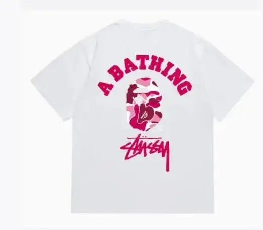 BAPE x Stüssy College Camo Ape Head Tee White Pink