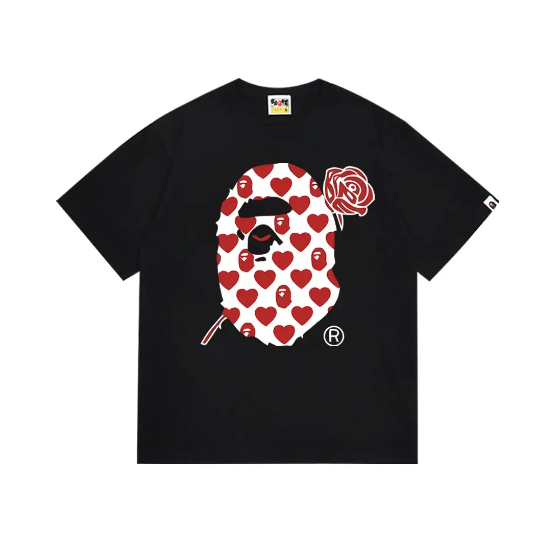A Bathing Ape Rose Heart Camo Ape Head Black Tee