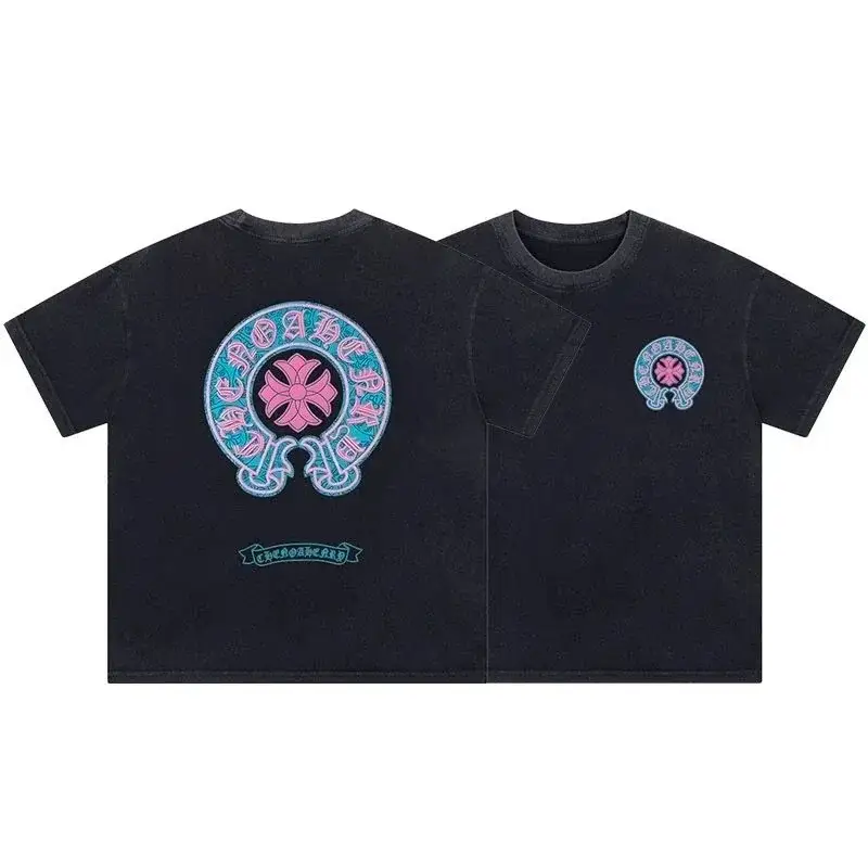 Chrome Hearts Horseshoe Pink Blue T-Shirt Washed Black