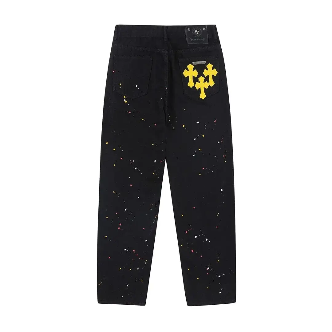 Chrome Hearts Paint Splatter Yellow Cross Patch Black Jeans