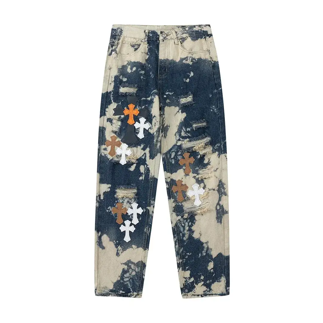 Chrome Hearts Distressed Bleach Cross Patch Denim Jeans Blue