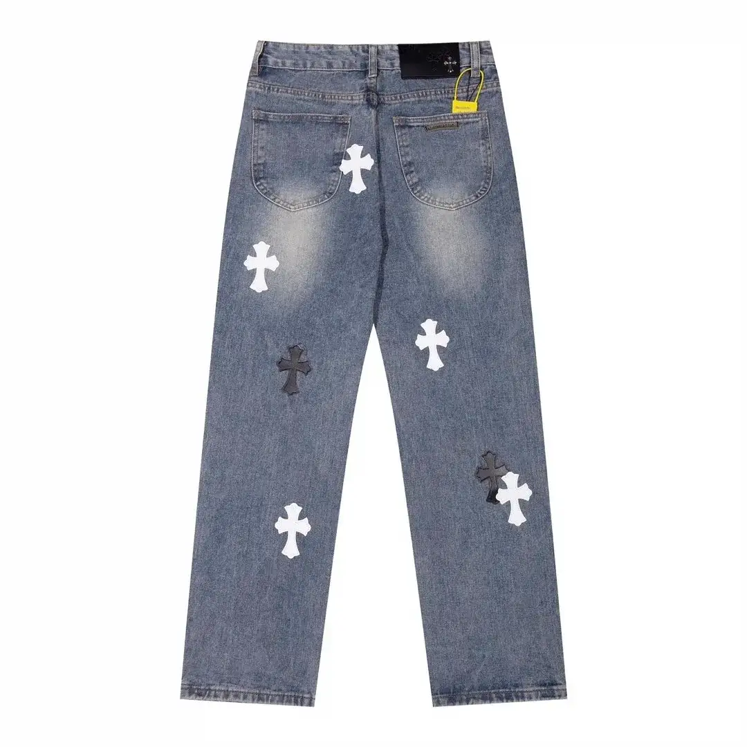 Chrome Hearts Cross Patch Denim Jeans Washed Blue Black White
