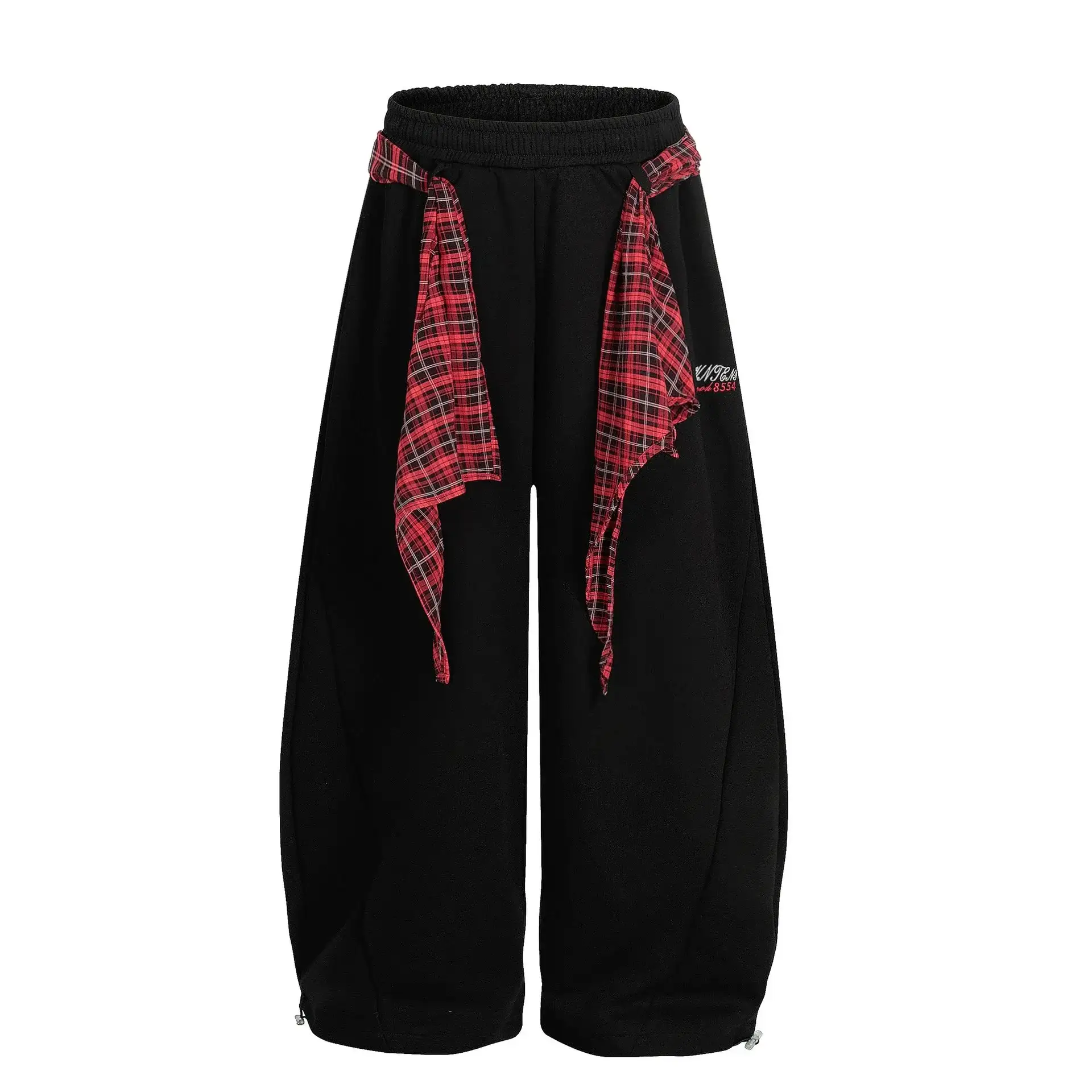 Unbranded Loose Fit Plaid Sash Sweatpants Black