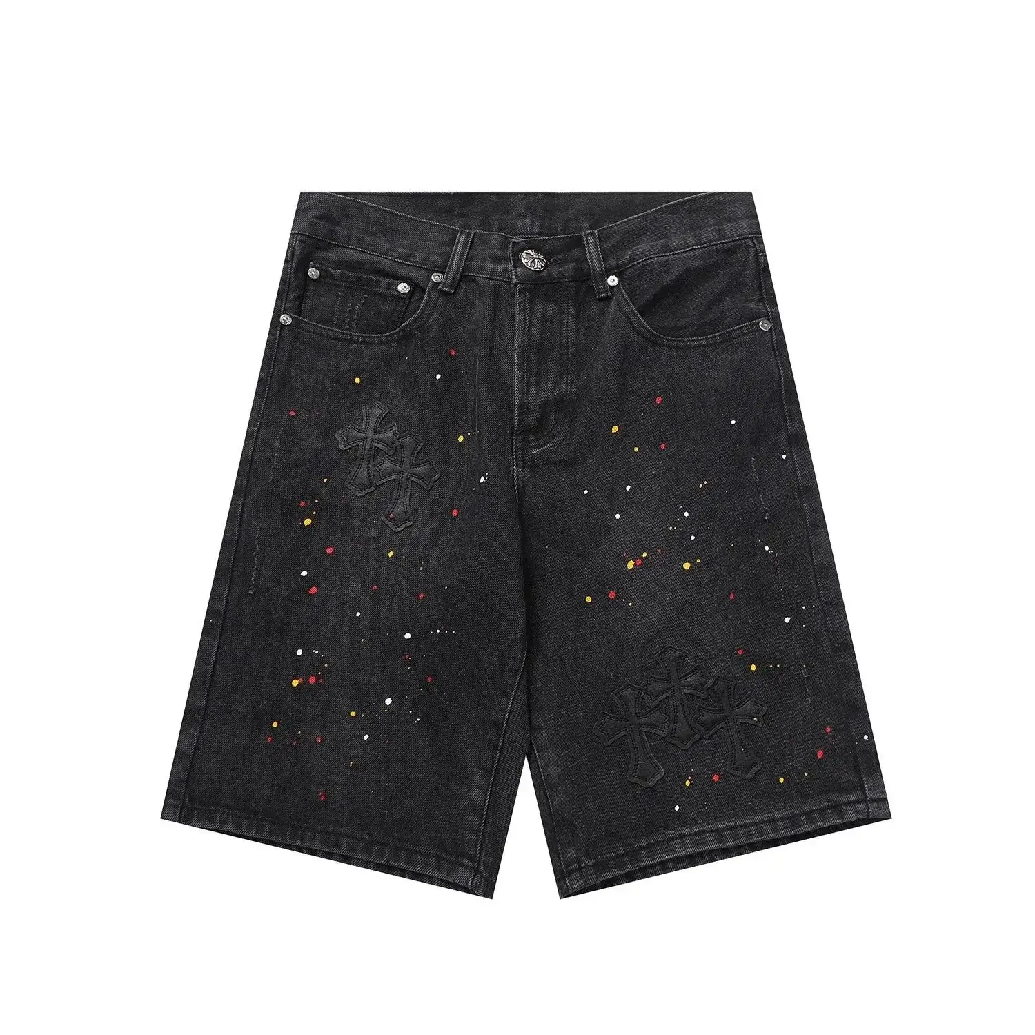 Chrome Hearts Paint Splatter Cross Patch Denim Shorts Black