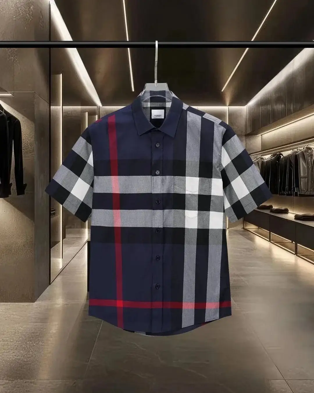 Burberry Check Short Sleeve Shirt Navy Blue