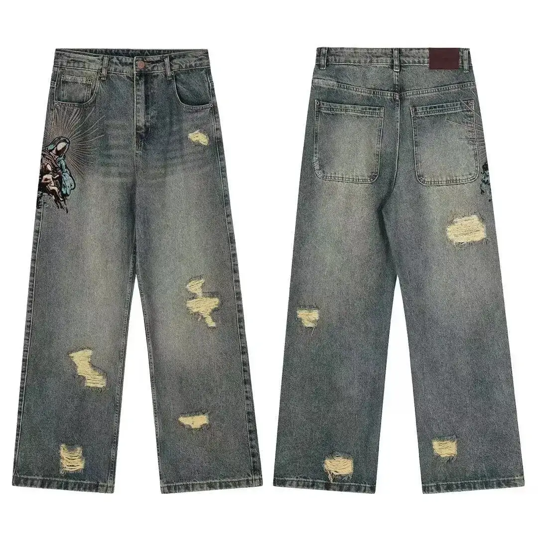 Schulze Distressed Religious Art Blue Jeans
