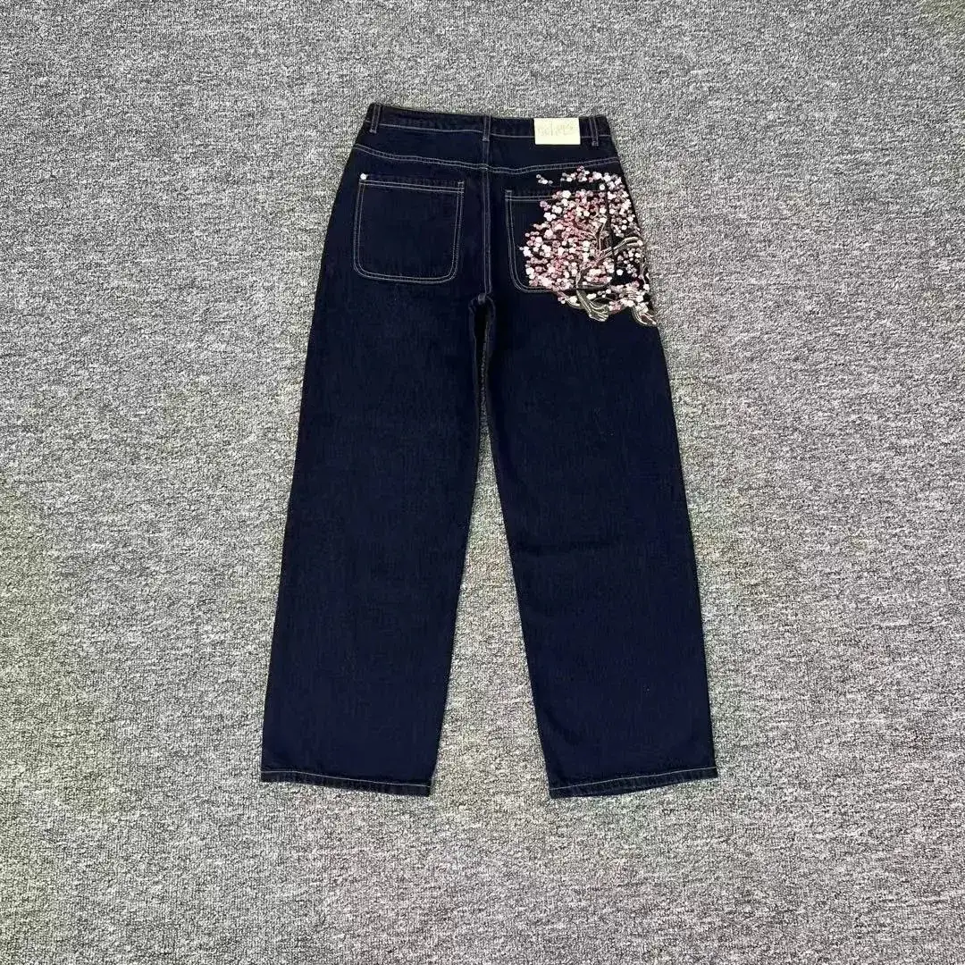Unbranded Dark Blue Cherry Blossom Embroidered Jeans