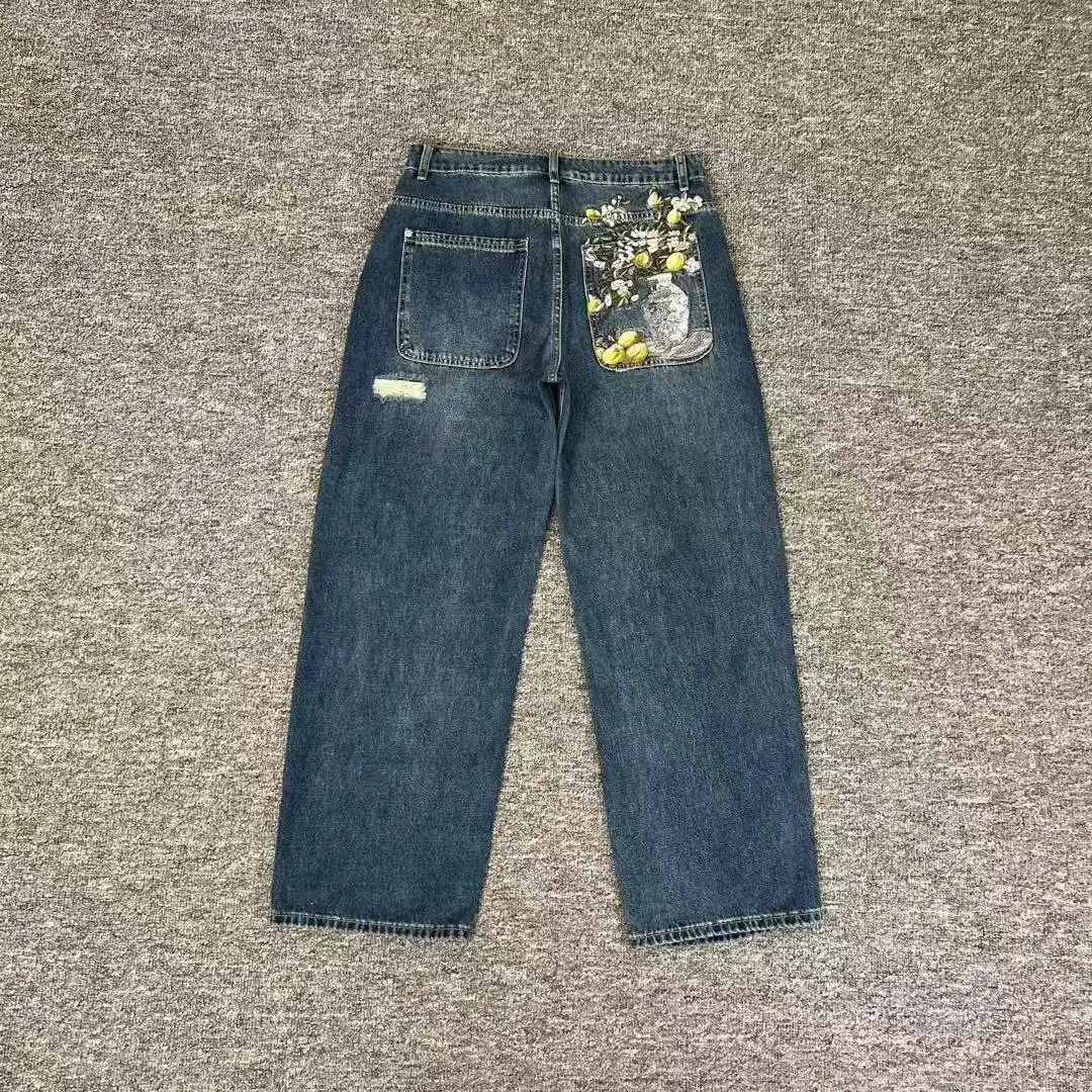 Unbranded Blue Lemon Still Life Embroidered Jeans
