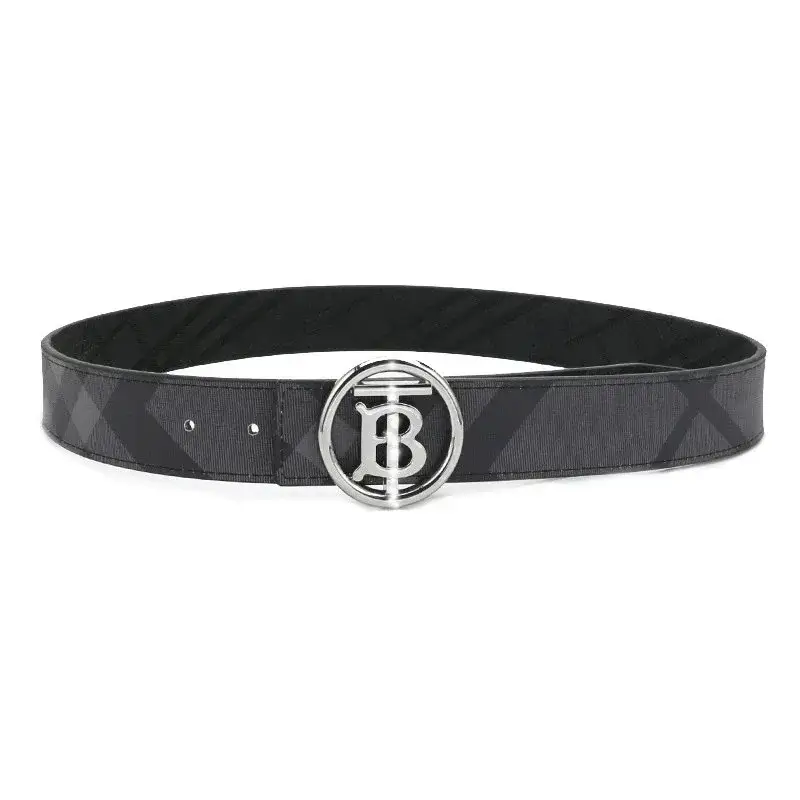 Burberry Round TB Buckle London Check Belt Charcoal Silver