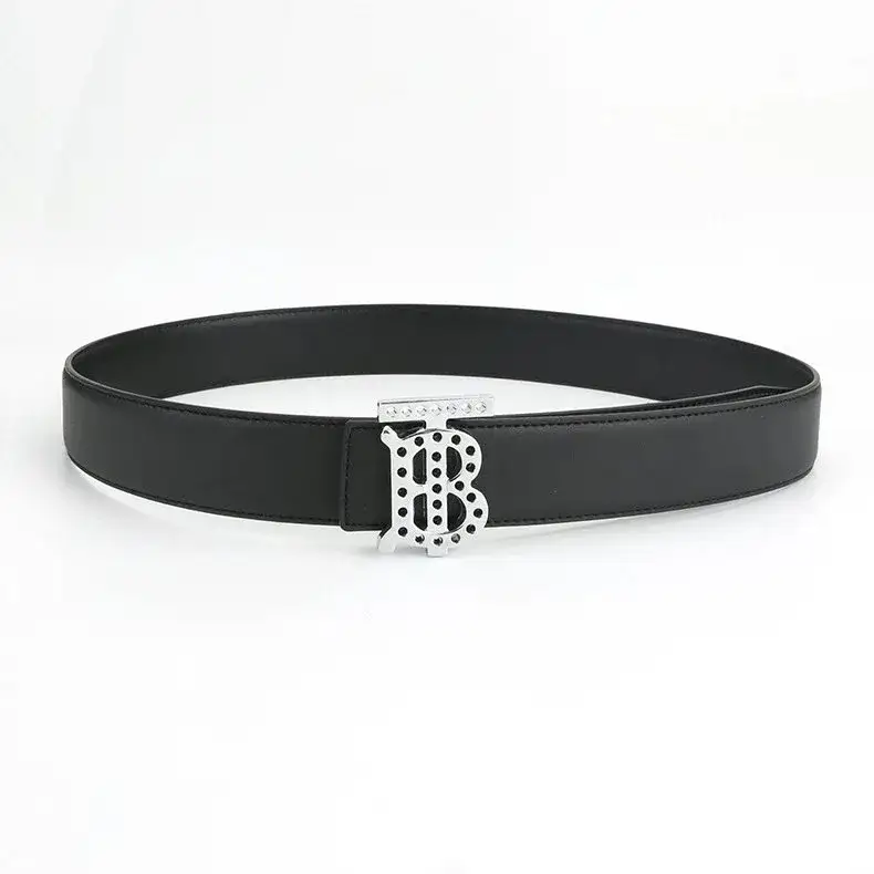 Burberry Perforated TB Buckle Leather Belt Black Silver