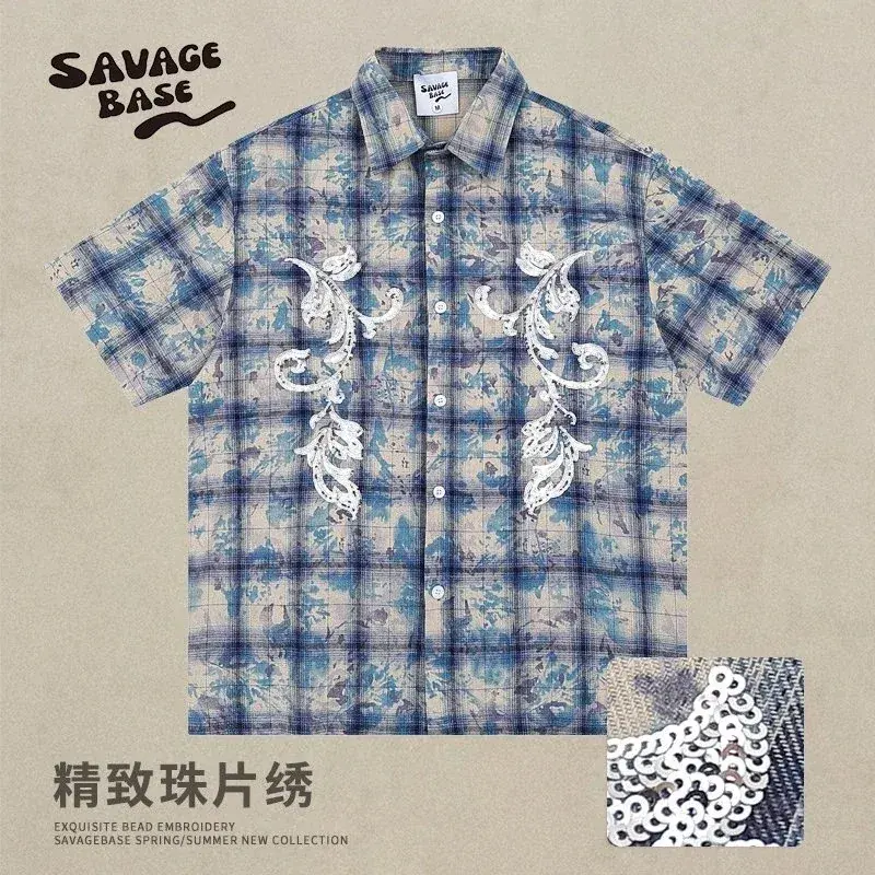 SAVAGE BASE / TRAVEL ISLAND Tie-Dye Plaid Short-Sleeve Shirt