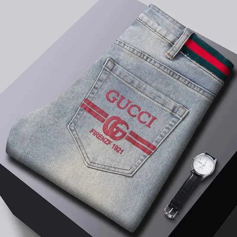 Gucci Red Embroidery Web Strap Washed Jeans