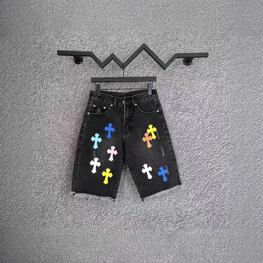 Chrome Hearts-Style Colorful Cross Denim Shorts