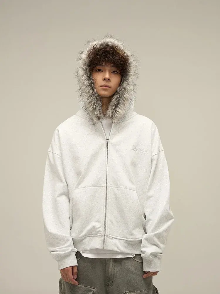 Futur, fur-trimmed hooded cardigan sweatshirt