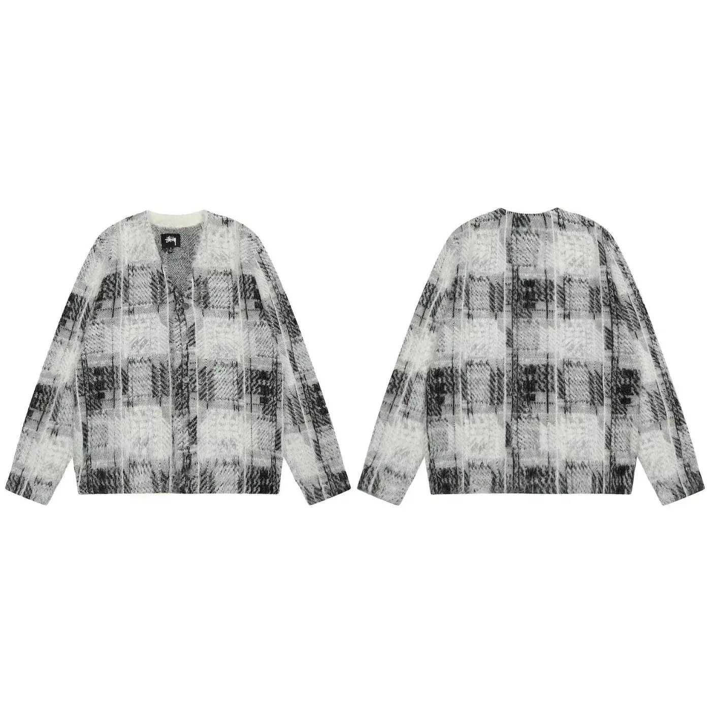 Stussy-Style Black and White Plaid Knit Cardigan