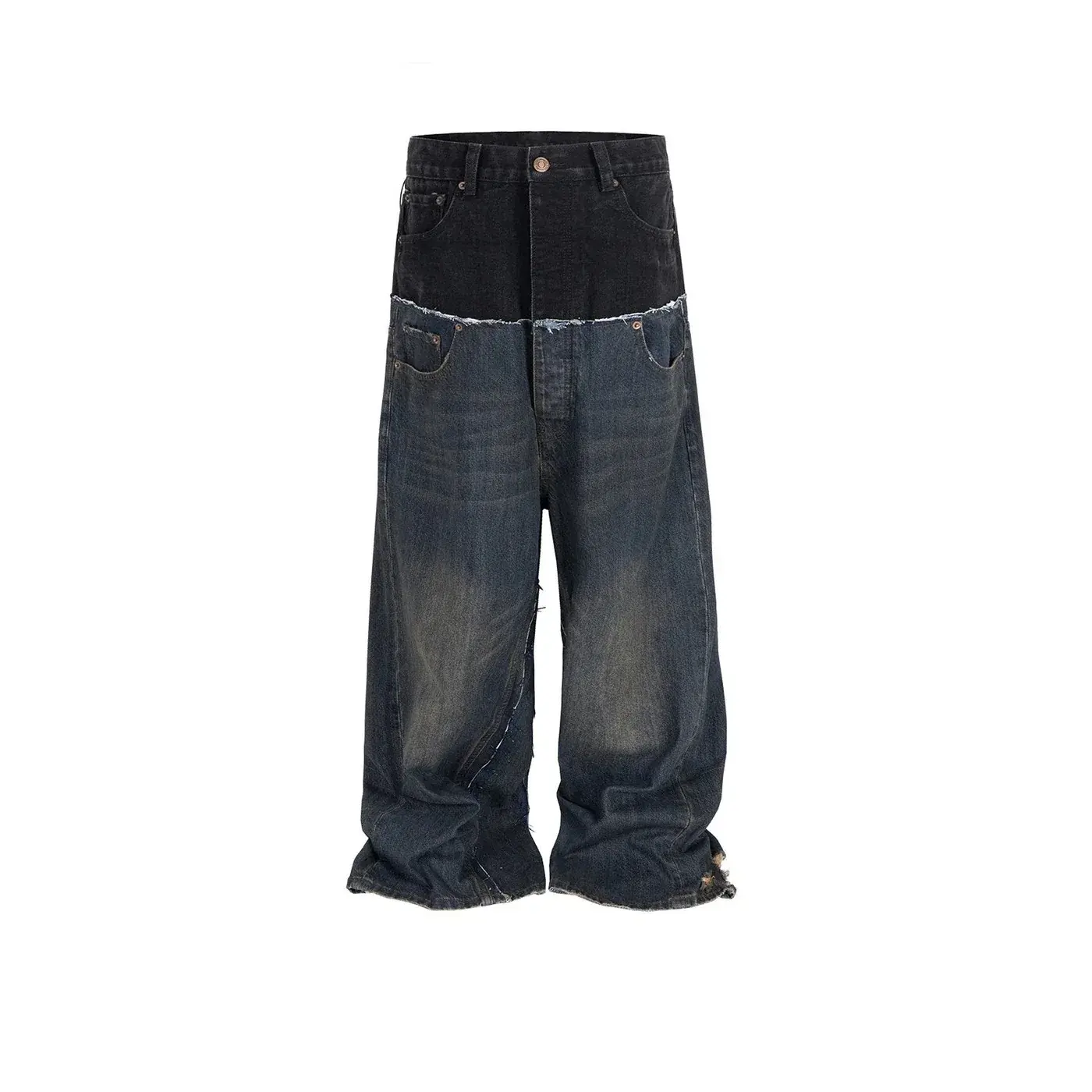 Balenciaga-Style Paneled Deconstructed Wide-Leg Jeans