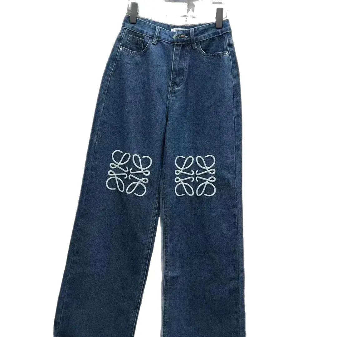 Loewe-Style Anagram-Embroidered Wide-Leg Jeans