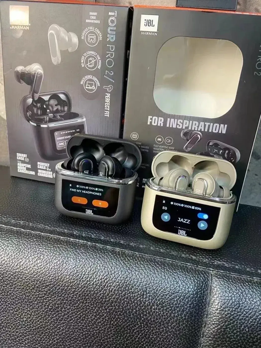 Two-color JBL touch screen noise cancelling wireless earbuds