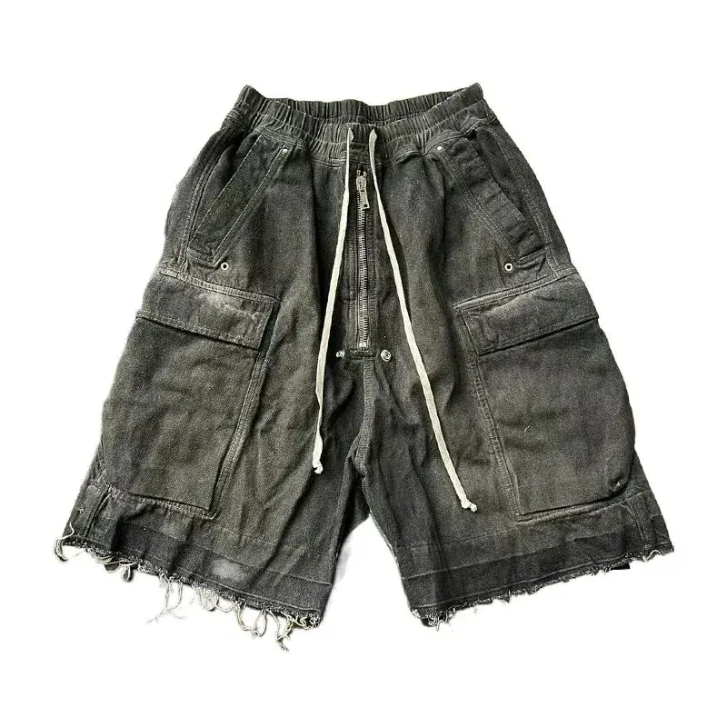 Rick Owens-Style Distressed Cargo Denim Shorts