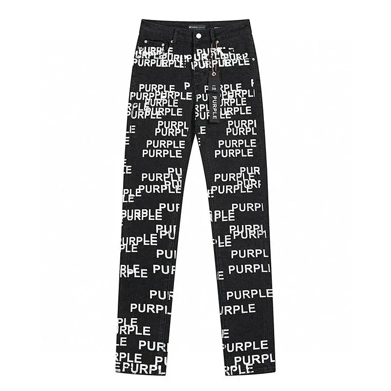 Purple Brand-Style Black Denim Jeans with Allover Slogan Print