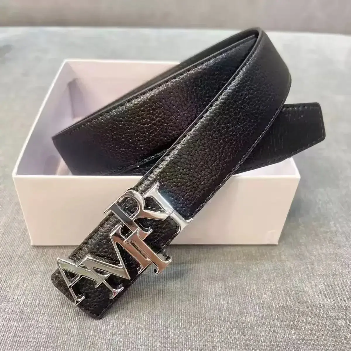 AMRI Black Leather Belt Silver Buckle