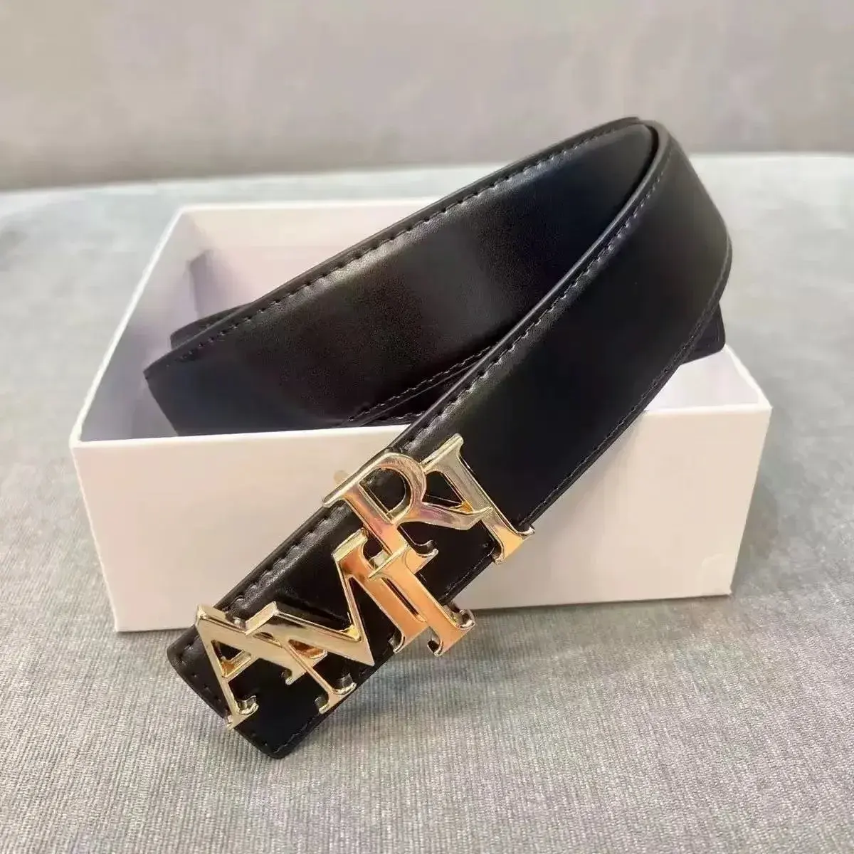AMRI Black Smooth Leather Belt Gold Buckle