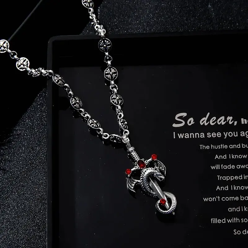 Chrome Hearts Cross Ball Red Stone Dragon Dagger Necklace Silver