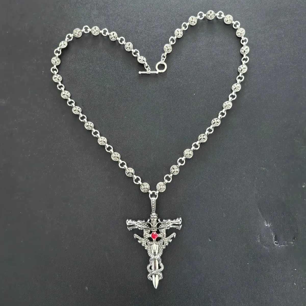 Chrome Hearts Red Stone Dragon Sword Pendant Necklace Silver
