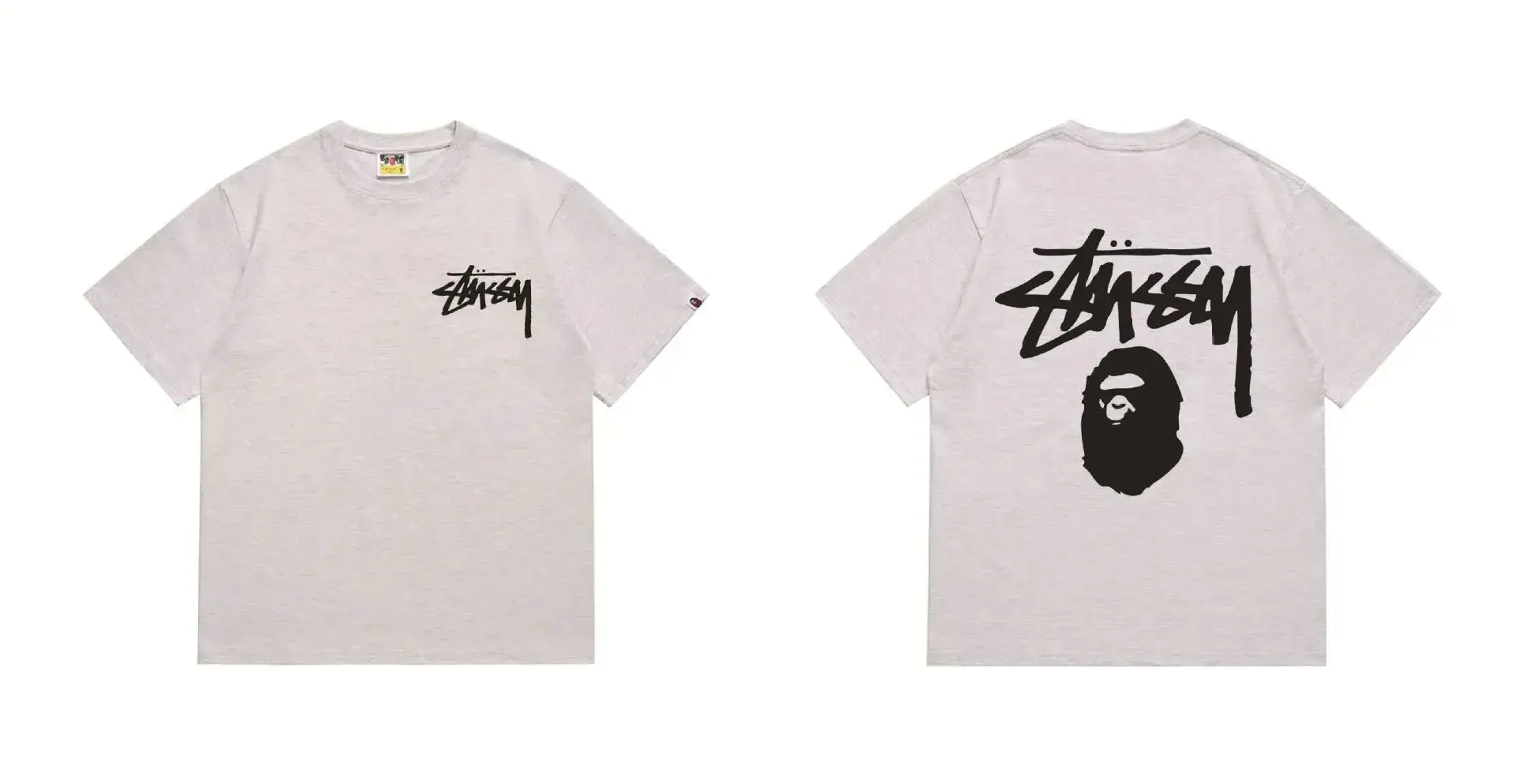 A Bathing Ape BAPE x Stussy Collaboration Grey Black Tee
