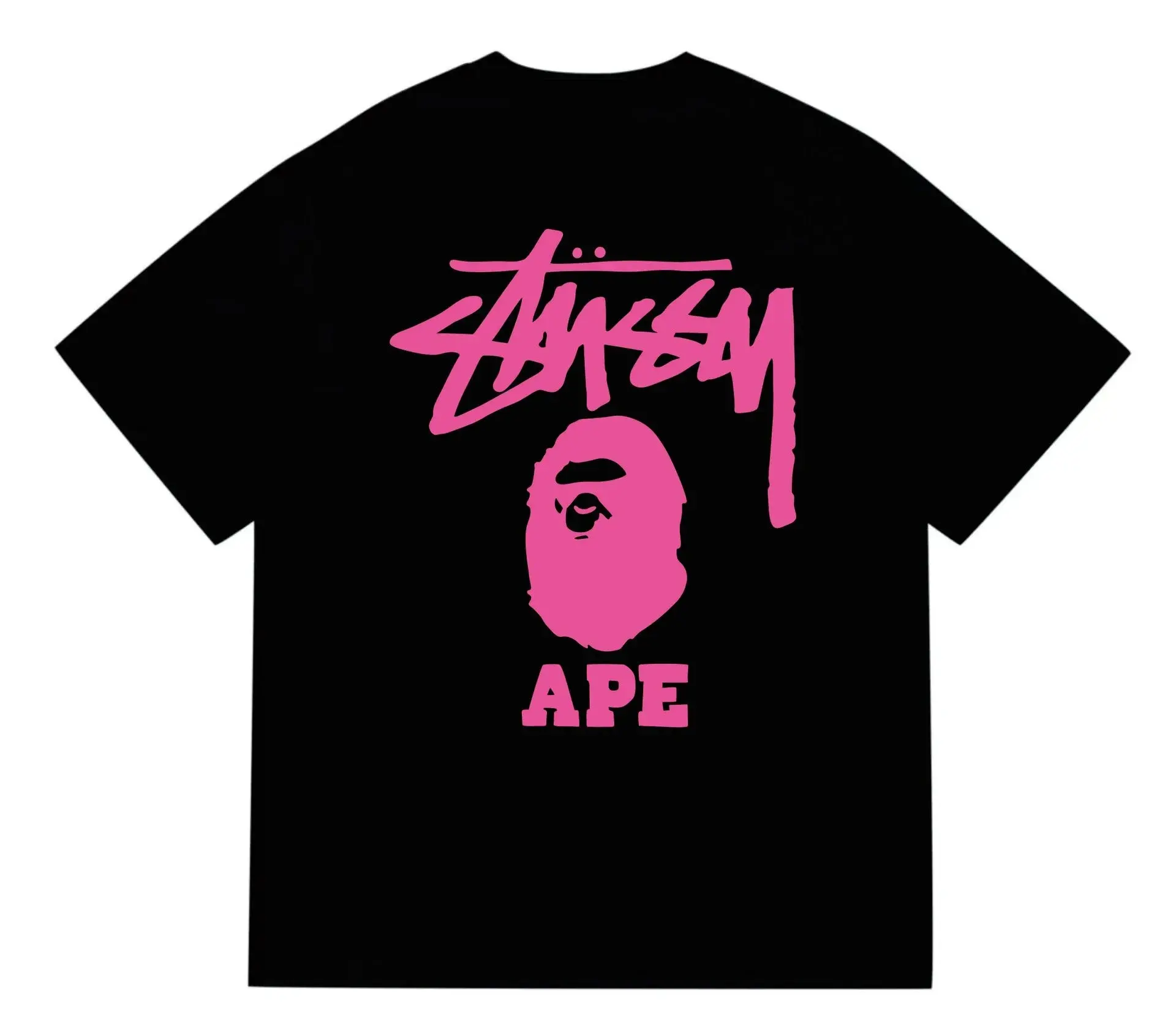 Stüssy x BAPE Stüssy x A Bathing Ape Black and Pink T-Shirt